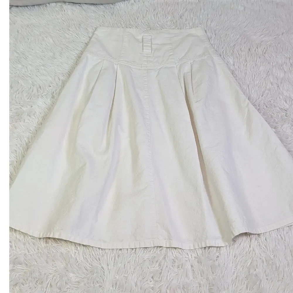 Vintage 90s White Cotton High Waist Pleated Midi Skirt Corset Yoke Waist 9/10